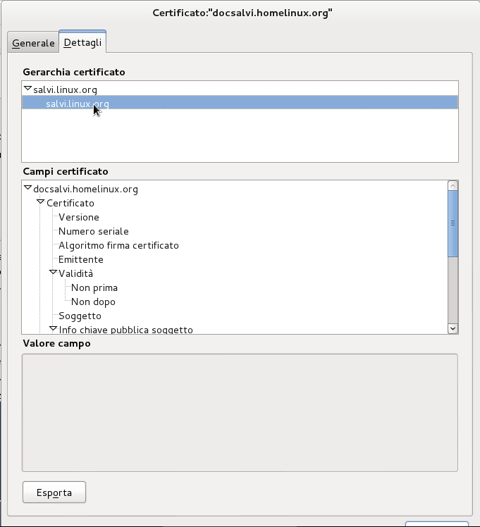 Seleziono il certificato del sito Seleziono il certificato del sito