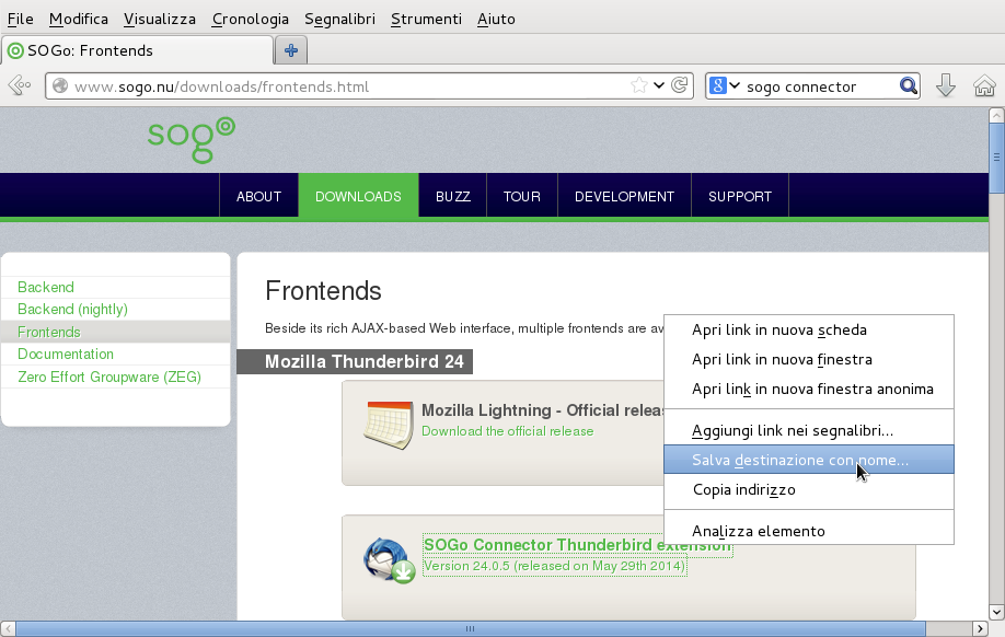 Scaricamento dell'estenzione SOGo Connector Scaricamento dell'estenzione SOGo Connector
