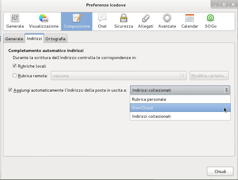 Selezioniamo di registrare i nuovi indirizzi in OwnCloud Selezioniamo di registrare i nuovi indirizzi in OwnCloud