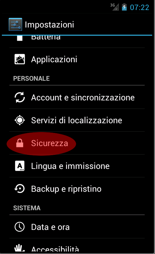 Nel pannello delle impostazioni selezionare sicurezza Nel pannello delle impostazioni selezionare sicurezza