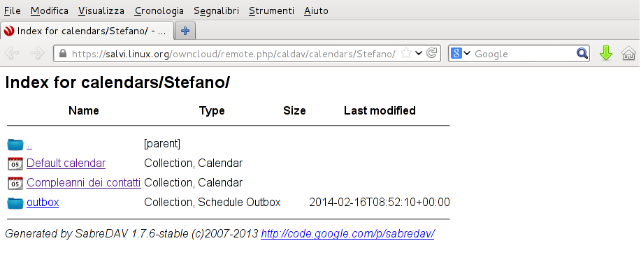 Indice dei calendari di OwnCloud Indice dei calendari di OwnCloud