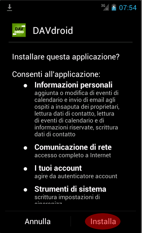 Permessi di DAVdroid. TAP su Installa Permessi di DAVdroid. TAP su Installa