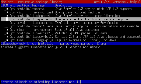 selezioniamo con INS  il pacchetto selezionato LIBAPACHE-MOD-JK e TOMCAT4-WEBAPPS